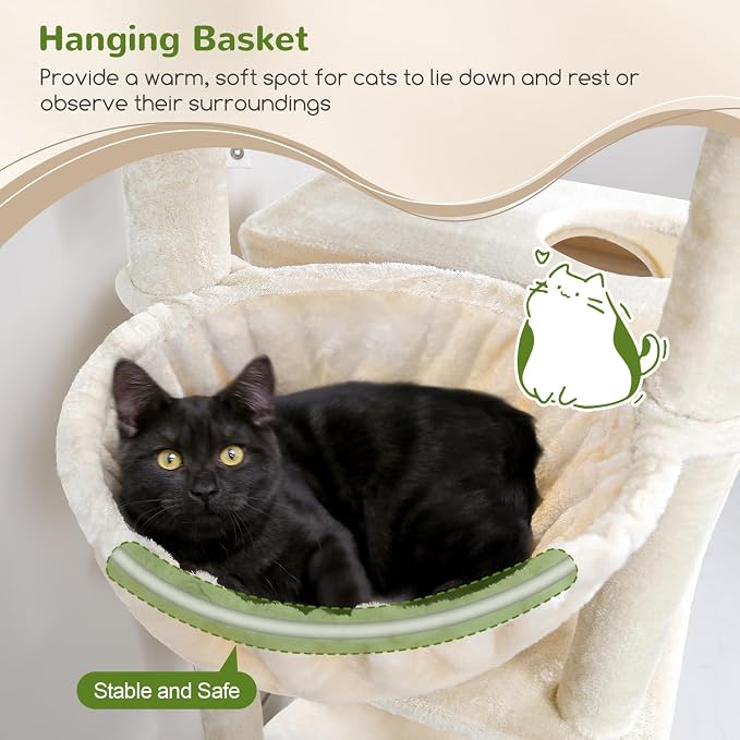 Globlazer Extra Tall Cat Tree Tower for Indoor Cats, 76in, F76, Beige | Multi-Level Cat Furniture with Cozy Condos,Hammock and Perches for Large Adult Cats, Perfect for Climbing, Scratching
