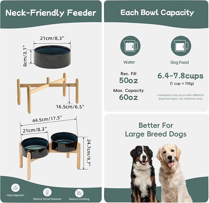 Havniva 8.3inch Ceramic Raised Dog Bowl with Stand, Double Dog Bowls Elevated for Large Breed Dog Food and Water Bowl Set Non-Slip Dog Dish Large Capacity Feeding Pet Water Bowl