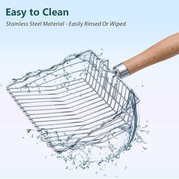 Cat Litter Scoop, Premium Kitty Shovel with Hook and Hole, Metal Sifter Scooper Stainless Steel for Easy Cleaning, Durable and Heavy Duty, Odor-Free for Litter Box | 0.3-inch Gap, Wooden Handle, with Hook and Hole, Stainless Steel, Easy Cleaning, Durab...