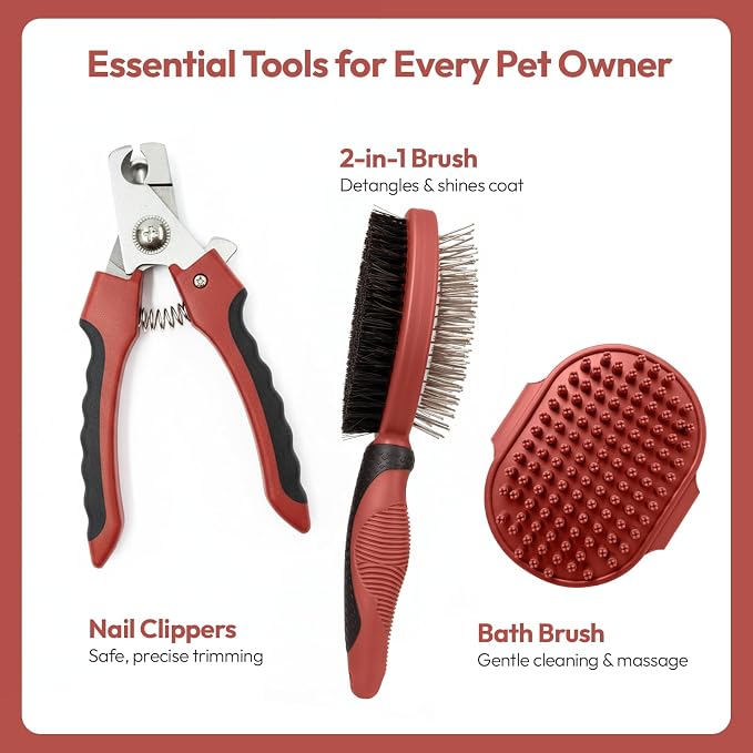 PM Pet Grooming Tools for Dogs & Cats- Safe On Skin Easy To Use Dog Grooming Kit with Ergonomic, Non-Slip Handle– Includes Pet Nail Clippers, 2-in-1 Slicker Brush & Hand-Held Bath Brush- Paw Mountain