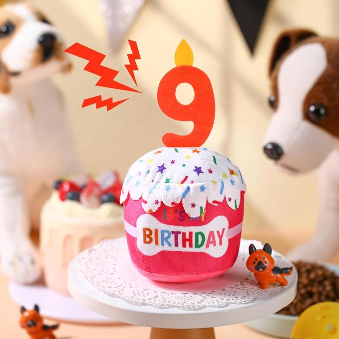 Dansydaisy Dog Birthday Cake Toy Squeaky Plush Toy for Girl Boy Gifts, Chew Accessories for Dog Birthday Party Decor Favor for Large, Medium and Small Dogs(9th,Pink)