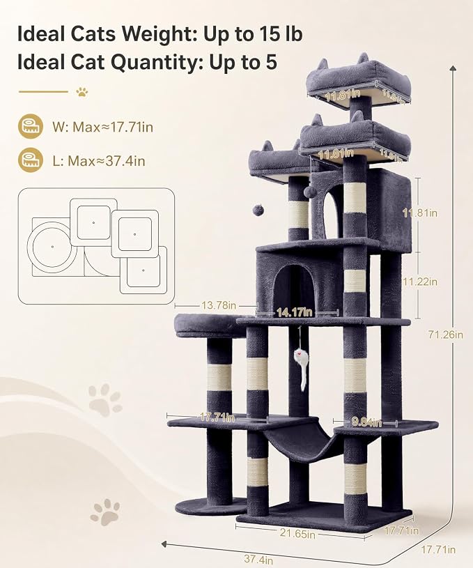 Cat Tower, 71 Inch Heavy Duty Cat Tree for Large Cats | Tall Cat Tree Tower with Extended Base, 2 Condos, 3 Perches, 9 Sisal Posts & Hammock for Indoor Adult Cats, Dark Grey
