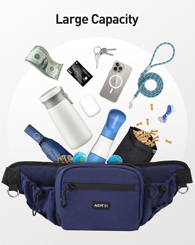 AGPTEK Dog Treat Pouch,Dog Walking Bag | Poop Bag Holder,Dual Bottle Holders,Removable Snack Pouch,Dark Blue