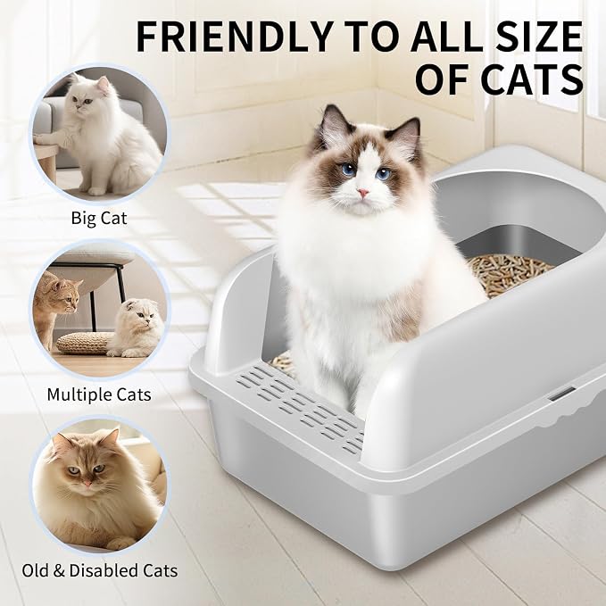 Prodigen Stainless Steel Cat Litter Box with Lid High Wall Sides Enclosure, Non-Sticky, Anti-Leakage, Easy Cleaning, with Cat Mat & Scoop, 19.6" L x 14" W x 12" H