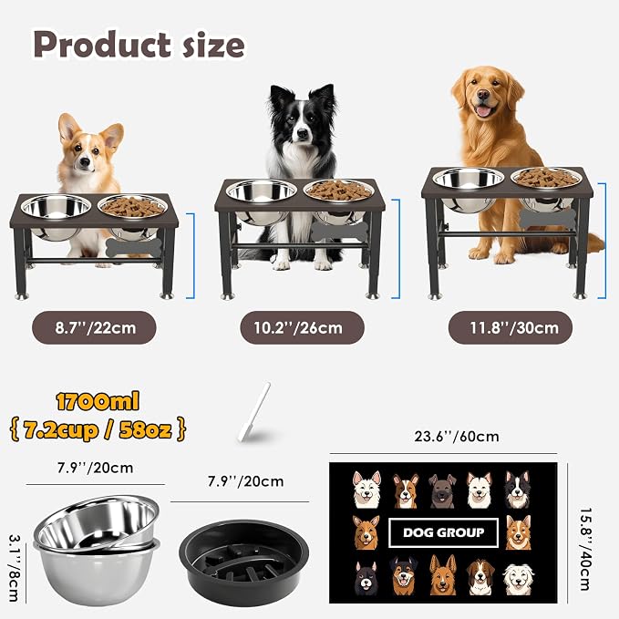 SHAINFUN Elevated Dog Bowls with Slow Feeder & Mat for Medium Large Dogs, Adjustable Height, Raised Dog Bowl Stand with 2 Stainless Steel 58oz Bowls, Tall Dogs Food Water Bowl Wooden & Metal Holder