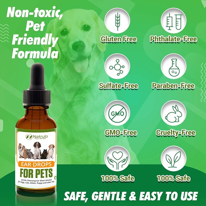 Natural Ear Cleaner for Dogs, Cats, Kitten, Puppy – Gentle Cleansing Ear Wash Solution Mite Infection & Yeast Treatment for Pets – Drying, Healing Medicinal Ear Cleaning Drops Made in USA