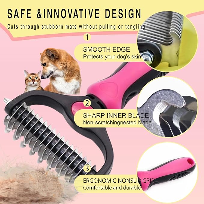 Pet Grooming Rake for Dogs & Cats - Double-Sided Deshedding and Dematting Tool, Gently Remove 95% of Loose Undercoat & Mats for Long-Haired Pets, Painless Fur Brush for Shedding Control (Pink, M)