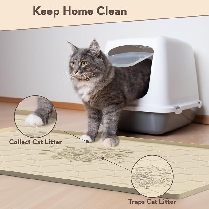 Silicone Cat Litter Mat Large 40" X 28", Easy to Clean, Beige | Large Size Waterproof Silicone Mat with Raised Edges, Catch Litter, Protect Floor from Urine, Multi-Use for Dog/Sink/Kitchen