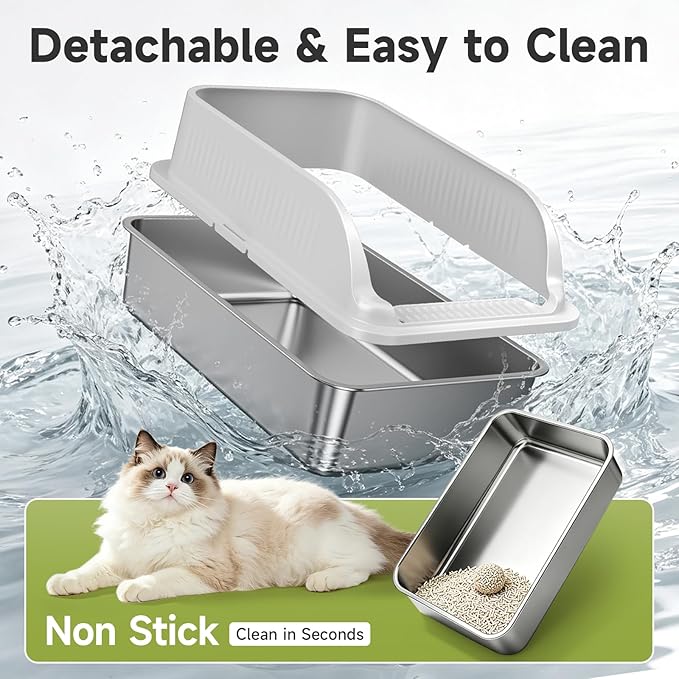Stainless Steel Cat Litter Box with Lid, XL Extra Large High Sided Litter Box for Big Cats, Odor Free Open Top Litter Pan Easy Cleaning Anti-Urine Leakage Non-Stick, Includes Scoop, Light Grey