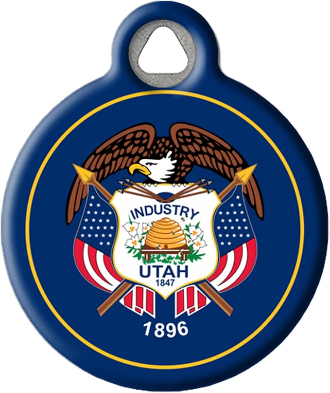 Utah State Flag Personalized Pet ID Tag for Dogs and Cats, Silent Polymer Coated Stainless Steel Nametag with Customized Identification Information - Small .875" Diameter