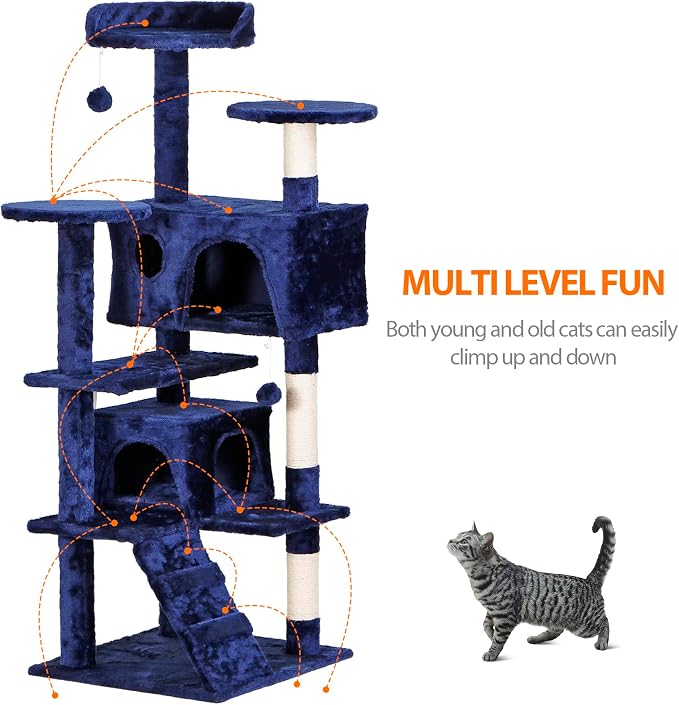 ZENY 53 inches Cat Tree with Sisal-Covered Scratching Posts and 2 Plush Rooms Cat Furniture for Kittens (Navy Blue)