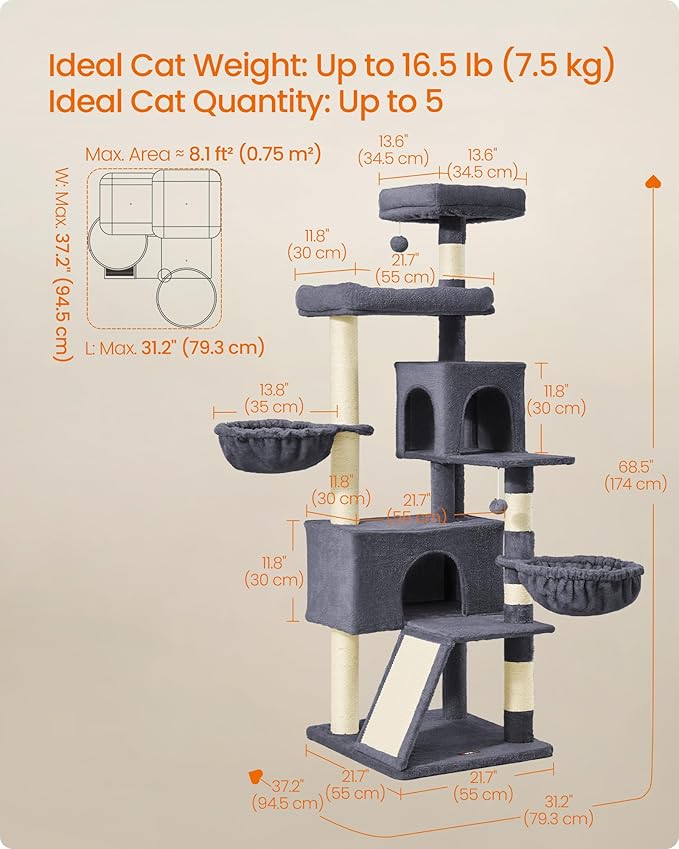 Feandrea Cat Tree, 68.5-Inch Tall Cat Tower, Multi-Level Plush Condo with Large Perch, Scratching Posts, Double Caves, Dark Gray UPCT006G02