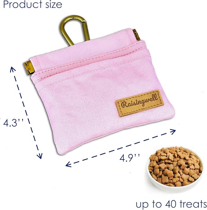 Raisingwell Pocket Sized Pet Training Pouch, Cotton Fabric, Hand Free Dog Walking Bag with Carabiner Self-Closing Pet Feed Snack Reward for Puppy Travel or Outdoor Use (PINK)