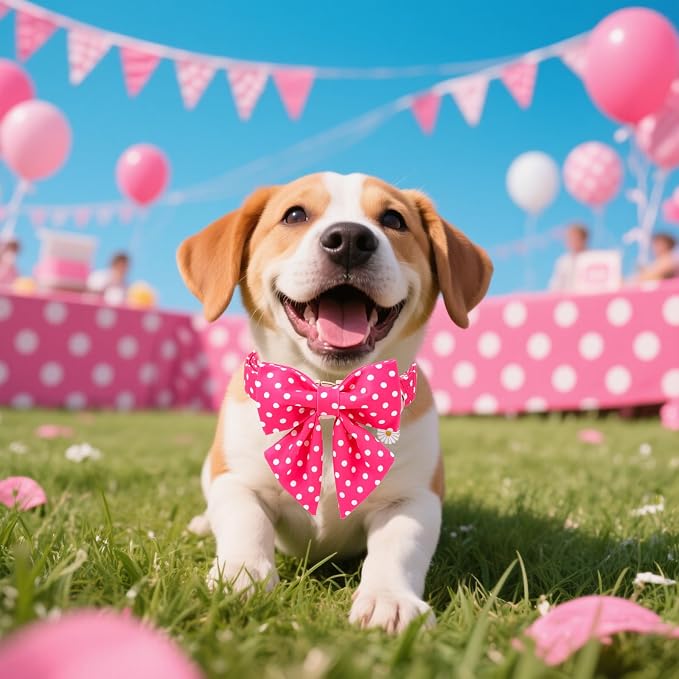 Pink Dog Collar for Girl Dogs, Spring Summer Pink Dots Dog Collar with Bowtie- Adjustable Female Sailor Bow Dog Collar for Large Dogs XL