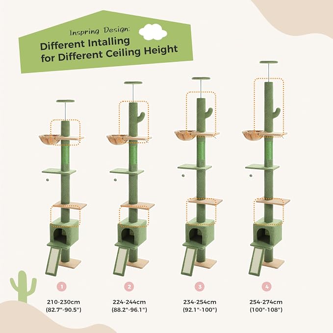 PEQULTI Floor to Ceiling Cat Tree, Adjustable 83-108in 5-Level Tower, Green | Tension-mounted tall cat tower with 5 levels, cozy condo, hammock & sisal scratching post; wide base for indoor adult cats