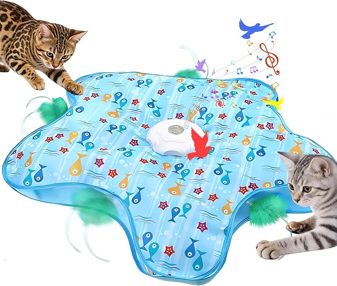 Interactive Cat Toy, Peek-a-Boo Series – Hidden Feather Wand, Rechargeable Indoor Hunting Toy, Squeaky Bird Sound, and Small Fish Pattern Cover