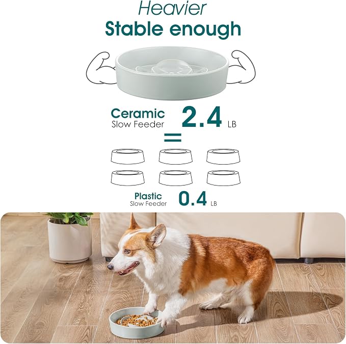 vancasso Slow Feeder Dog Bowl, 1.5 Cups Ceramic Dog Food Dish for Fast Eaters Medium Breed, Puzzle Bowl for Small Dogs and Cats, Grayish Cyan