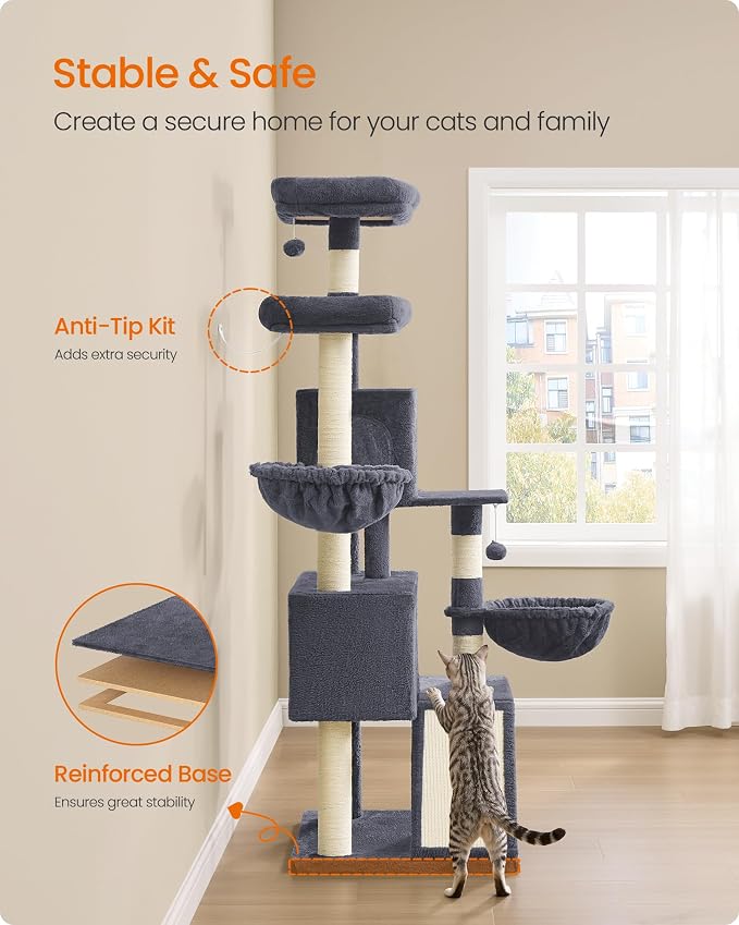 Feandrea Cat Tree, 68.5-Inch Tall Cat Tower, Multi-Level Plush Condo with Large Perch, Scratching Posts, Double Caves, Dark Gray UPCT006G02