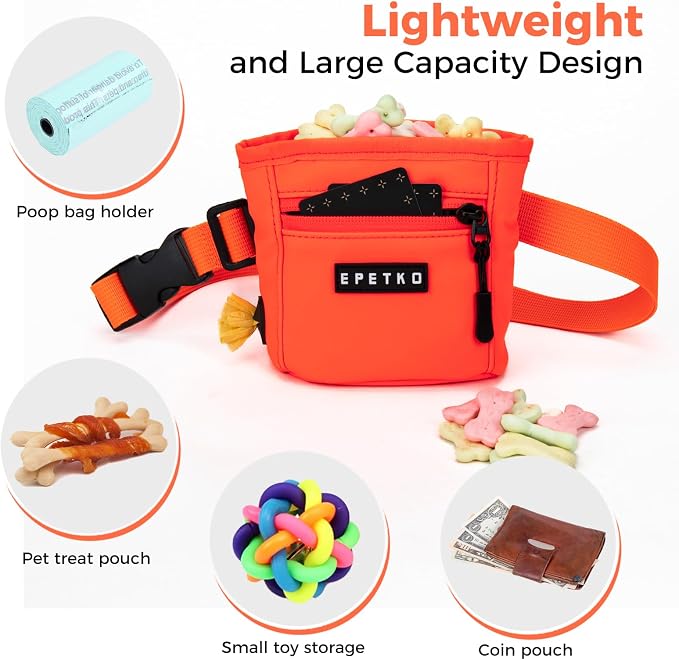 Dog Treat Pouch, Powerful Magnet Closure Device Dog Training Treat Bag Large Capacity Pet Treat Pouch with Poop Bag Dispenser Treat Bag for Dog Training with Metal Waistband Clip (Orange)