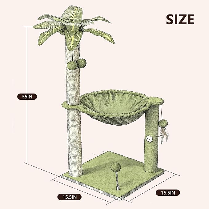 MECOOL Cat Tree for Indoor Cats 35" Tall Cat Scratching Post with Large Cat Hammcok and Hanging Ball Toys Plant Green