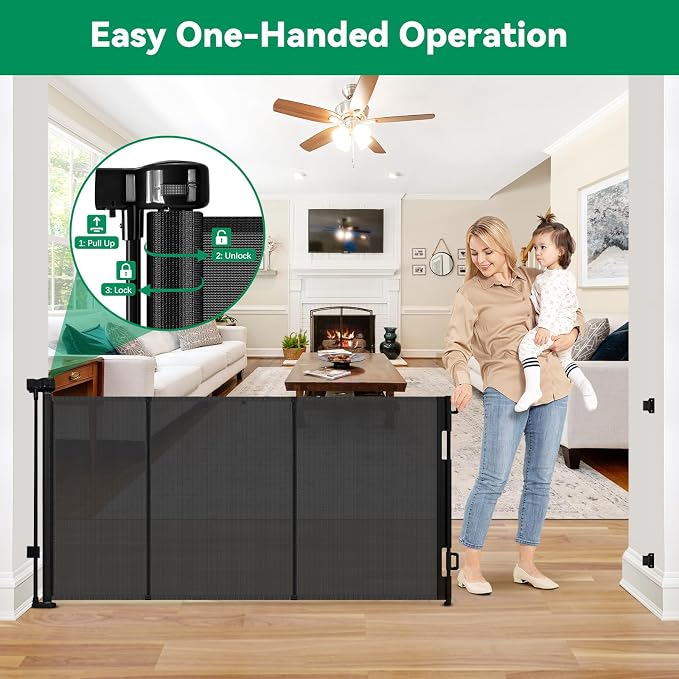 Reinforced 85" Wide Retractable Baby Gates Extra Wide Retractable Dog Gate with Support Rods – Prevent Crawling Under, Indoor Wide Baby Gate Outdoor Retractable Gate, Puppy Gates for The House, Black