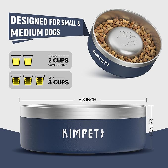 Dog Slow Feeder Bowls Food-Grade 304 Stainless Steel Dog Slow Feeder Bowl Double Wall Heavy Duty Non-Slip Rubber Base 2 Cups Capacity for Small Medium Dogs- Blue