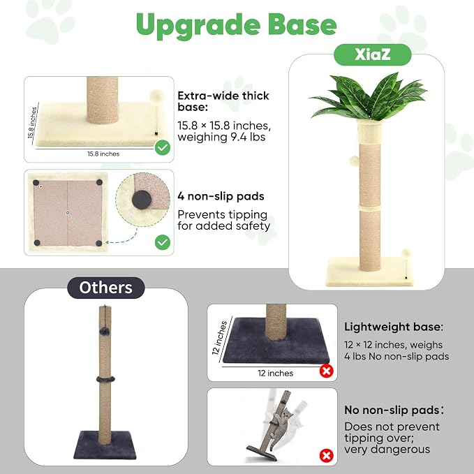 XiaZ Cat Scratching Post 34'' Tall, HeavyDuty and Thicker Cat Tower Scratcher with 2 Interactive Toy Balls, Premium Natural Sisal & Plush Fabric for Small, Medium Large Cats (Beige, 4.5in)