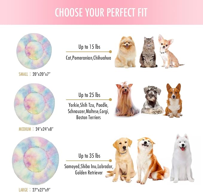 Anti Anxiety Round Fluffy Plush Faux Fur Warm Washable Dog Bed & Cat Bed, Original Bed for Small Medium Large Pets,Used to Relieve Joints and Improve Sleep（20"/24"/27''） (24", Rainbow)