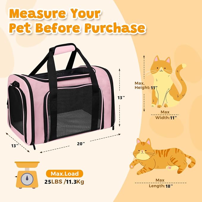 Soft Sided Pet Carrier - TSA Approved Collapsible Waterproof Travel Carrier for Small/Medium Cats Dogs Puppies (Up to 25lbs) - Pink