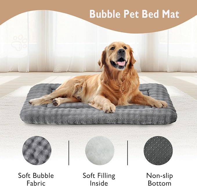 Dog Bed Mat Crate Pad for Large Dogs, Grey, 42"x 28" | Washable Soft Pet Sleeping Mat, Anti-Slip Kennel Pad with 3D Bubble Pattern