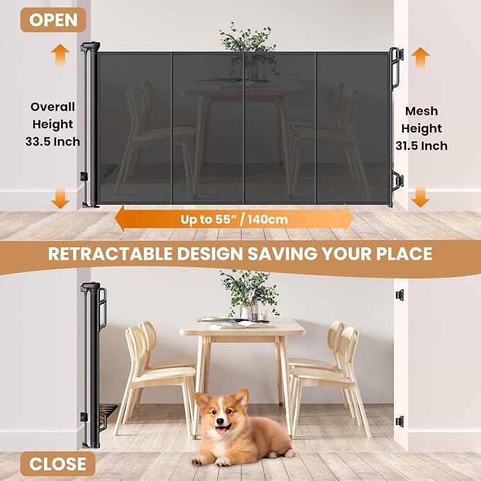 SPACEANY Reinforced Retractable Baby Gate or Mesh Dog Gate,Easy to Use for Stairs, Doorways, Hallways, Indoor, Outdoor, Wide Pet Gate 33.5" Tall, Extends to 55" Wide,Black