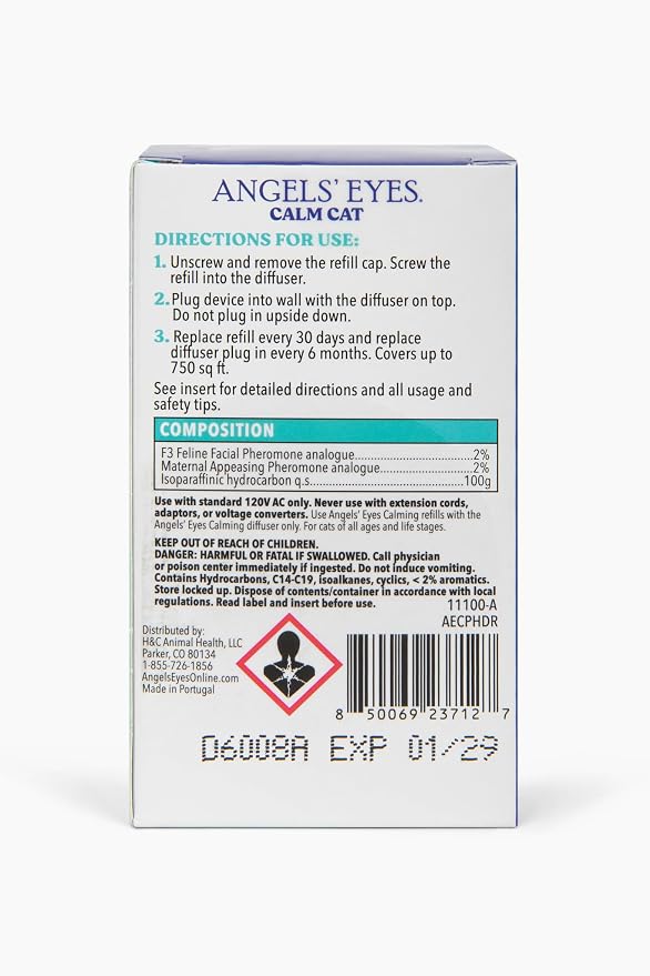 ANGELS' EYES Advanced Pheromone Calming Diffuser Refill for Cats, 30-Day Refill | Plug-in Diffuser Refill, Reduces Hiding & Scratching, Reduces Stress & Spraying, Multi-Cat Homes, Refill Only