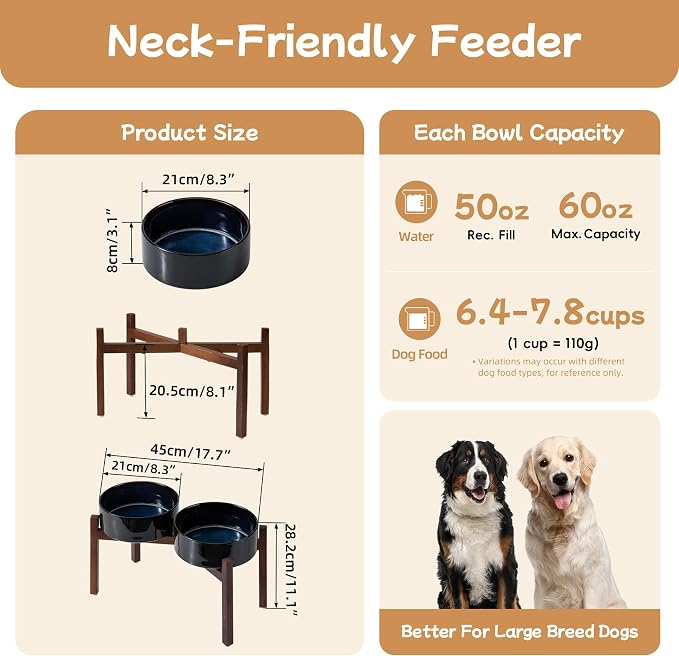 Havniva 8.2" Elevated Dog Bowls Ceramic Raised Dog Bowl with Non-Slip Stand (Acacia Wood) Weighted Dog Food & Water Bowl for Large Breed Dogs - 7.6 Cups 60 oz