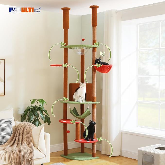 PEQULTI Floor to Ceiling Cat Tree, 92.9-101.6in Adjustable Cat Tower, Brown | Adjustable tower braces floor to ceiling; cozy condo, large hammock, perches & 9 sisal posts on fan base with anti-tip strap
