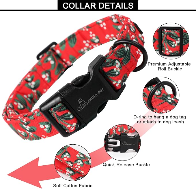 ARING PET Christmas Dog Collar, Cute Red Adjustable Cotton Xmas Pet Collars for Puppy Small Medium Large Boy Girl Dogs-L
