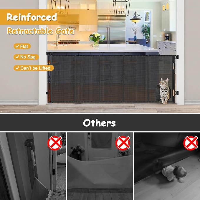 Reinforced 90” Extra Wide Retractable Pet Gate with Cat Door 33 Inch Tall Mesh Baby Gate Retractable Dog Gates for Doorways Extra Wide Baby Gates for Large Openings with Reinforced Strips, Black