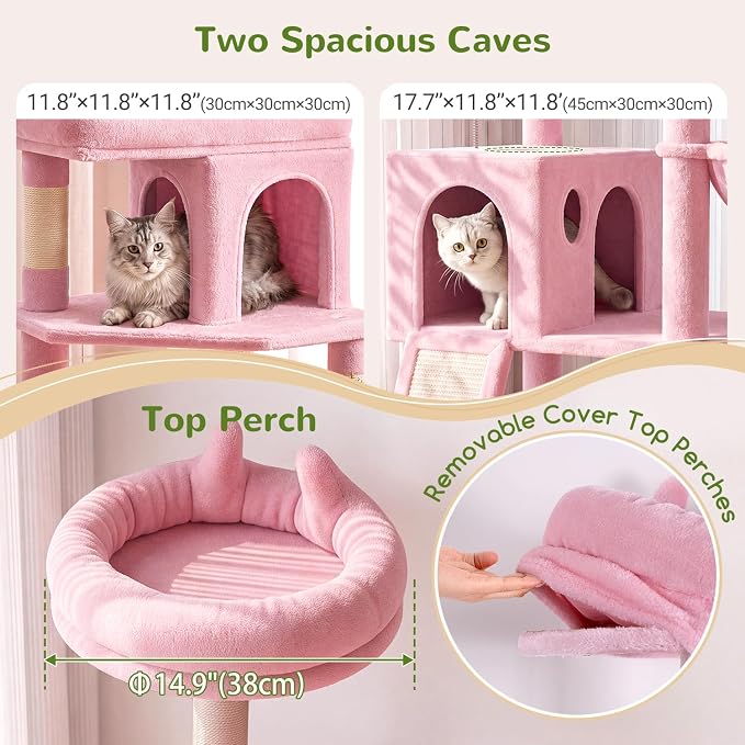 Globlazer S72 Heavy Duty Cat Trees for Large Cats, Sturdy 72in Maine Coon Cat Tree for Large Cat 20 lbs+ Heavy Duty Cat Tower for Adult Biggest Cats with 6 Scratching Posts, Hammock, Pink