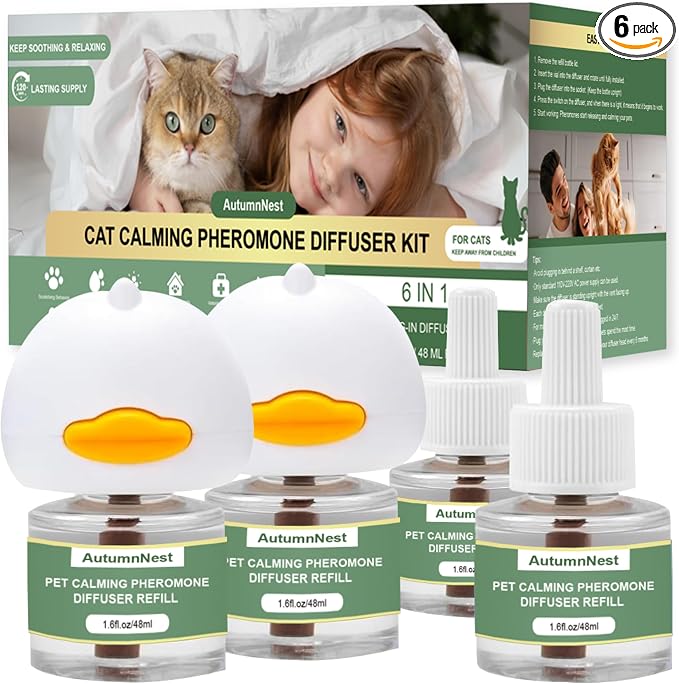 Cat Calming Pheromone Diffuser Set, 2 Diffusers + 4 Refills, 120 Days | Reduces Cat Stress, Aggression, Fighting, Marking, Meowing, Travel, Vet Visit Anxiety, Non-Toxic, Safe