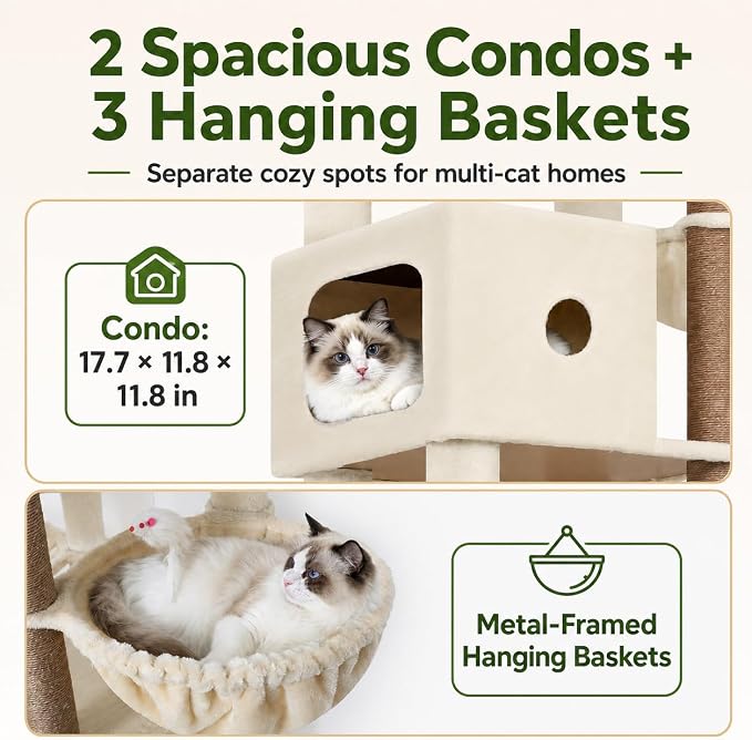 Globlazer F83C Pro Max Heavy Duty Maine Coon Cat Tree, 83in Tall Tower | Easy Assembly, Large Cats, 2 Condos, 3 Hanging Baskets, 2 Perches, 7 Sisal Scratching Posts, Anti-Topple Strap, Beige