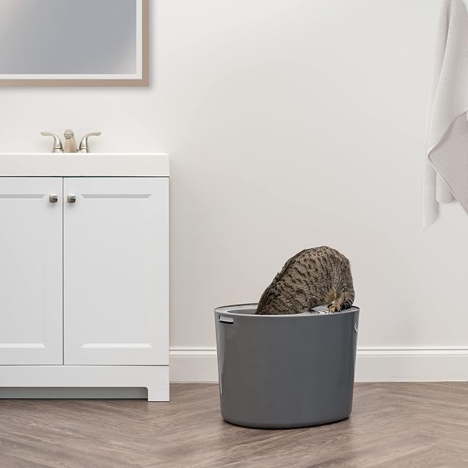 IRIS USA Large Cat Litter Box with Lid, Top Entry Design, Covered Enclosure, Dog Proof, Litter Scatter Control, Odor Reducing, Includes Scoop for Indoor Cats & Kittens, Gray/White, Made in the USA