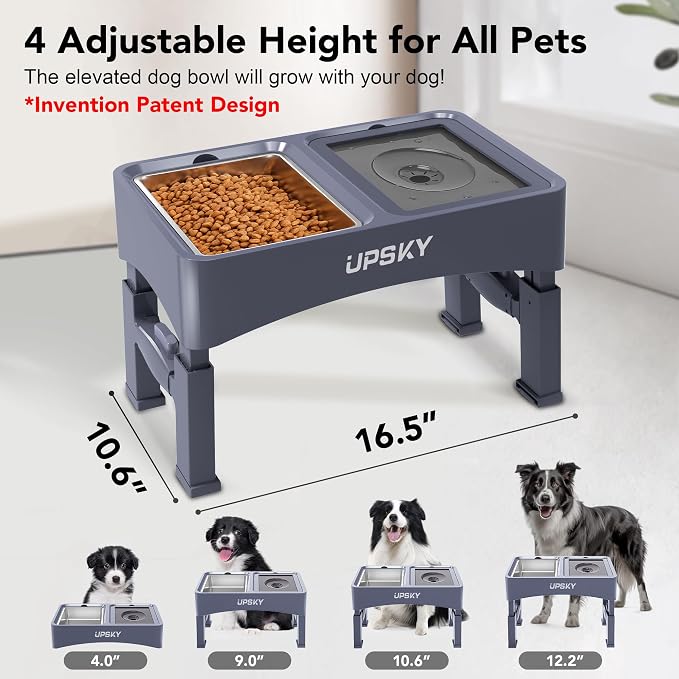UPSKY 3-in-1 Elevated Dog Bowls Set with 4 Height Adjustable Stand, Blue | 304 Stainless Steel Bowl, No Spill Water Bowl, Slow Food Bowl, Anti-Slip, Dishwasher Safe, Suitable for Small Medium Dogs