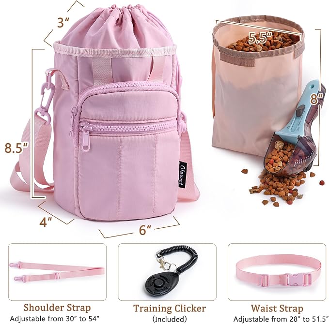 Stylish Dog Training Treat Pouch with Waist & Shoulder Strap, Dog Treat Bag for Walking and Training, Removable Waterproof Liner, Drawstring Treat Holder with Front Pocket & Clicker