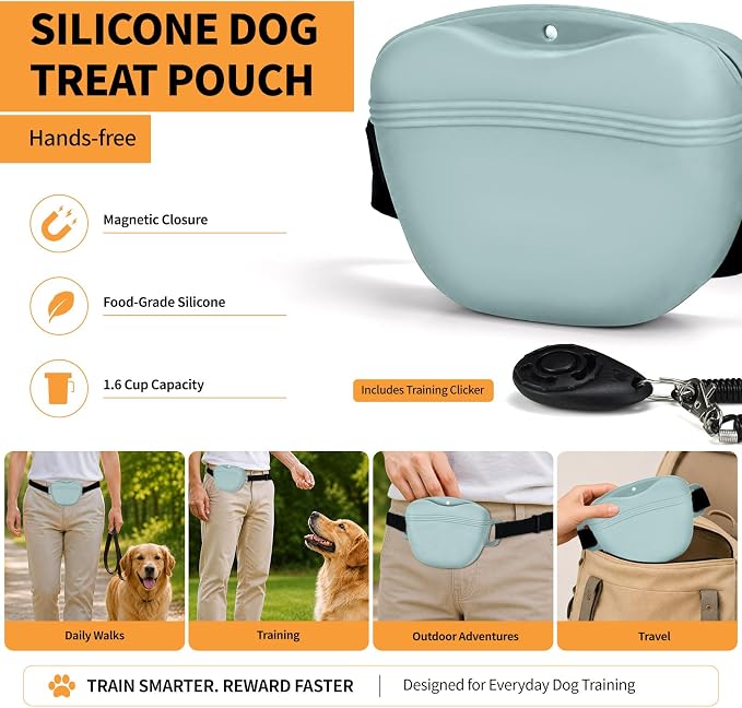 Silicone Dog Treat Pouch with Training Clicker | Upgraded Magnetic Closure, 1.6 Cup Capacity, Food-Grade Silicone, Easy Cleaning, Adjustable Belt for Training and Walking