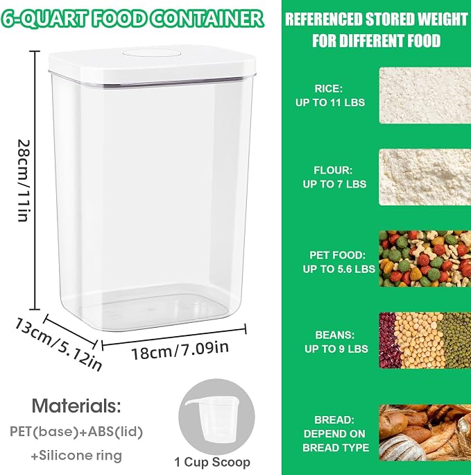 6 Qt Flour Sugar Storage Containers with Pop-up Lid Airtight 11 Lb Rice Bin | Crystal-Clear Plastic Dry Food Containers Tall and Slim BPA Free Pet Food Holder for Kitchen Pantry Organization