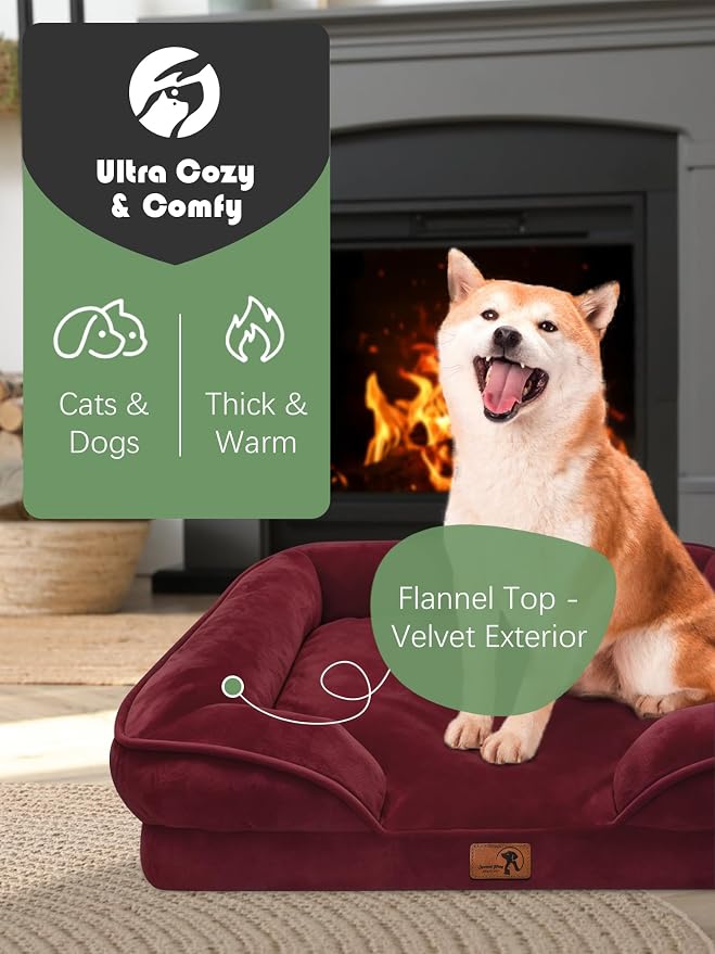 Spotted Play Orthopedic Dog Bed with Sides - Sofa Beds for Medium Dogs, Supportive Foam Pet Couch Bed with Washable Removable Cover, Waterproof Lining and Non-Slip Bottom, Burgundy - M