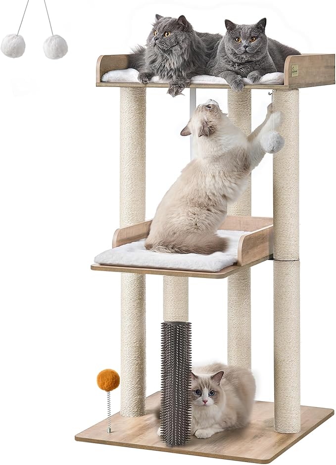 43.7" Cat Tree, Modern Cat Tree Tower, Cat Tower for Indoor Cats Large Adult, Cat Condo with Scratching Post, Large Perch and Removable Pads, Greige