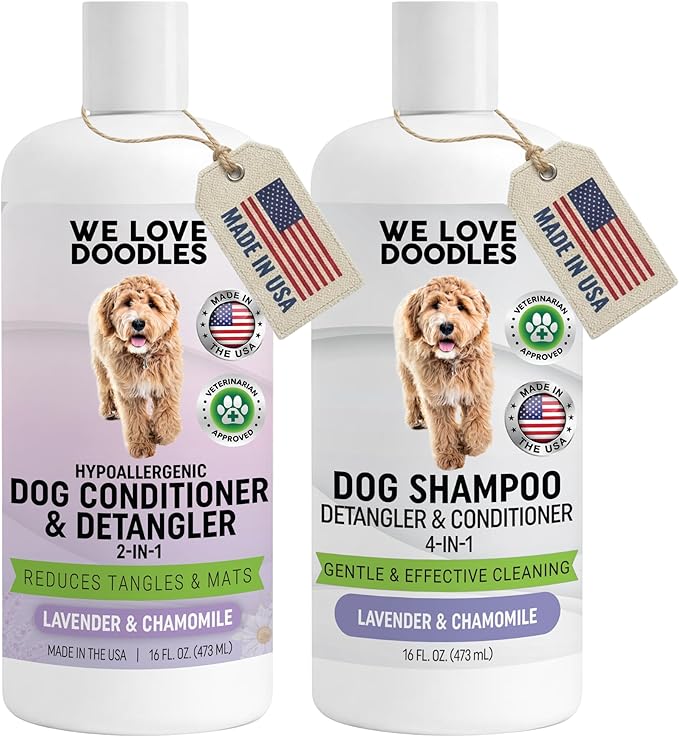 4-in-1 Dog Shampoo & Dog Conditioner, Puppy Pet Wash Soap, Lavender, 16 oz | Best for Goldendoodles, Poodles & Doodles, Hypoallergenic, Tearless, Sensitive Skin for Puppies & All Dog Breeds, Made in USA