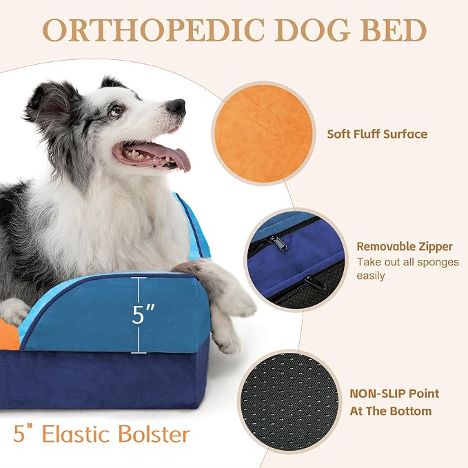 Comfort Expression Orthopedic Dog Beds for Large Sized Dog with Bolster | Waterproof Dog Couch Bed with Washable Cover & Non-Slip Bottom, Supportive Egg Crate Foam Large Pet Bed, 36x27 Inch