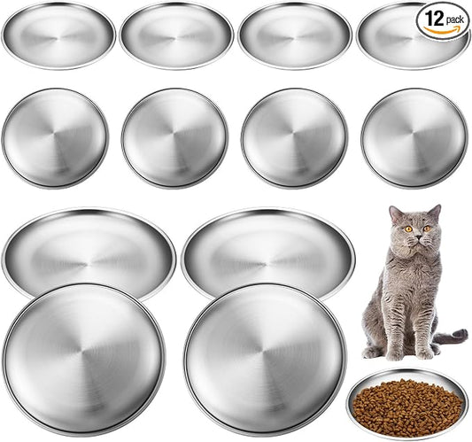 Domensi 12 Pieces Stainless Steel Cat Bowl Metal Pet Food Dish Beard Fatigue Relief Replacement Easy to Clean Indoor Wet Feeding Flat Plates for Dogs Kitten and Other Small Animals(6.7 Inch,Normal)
