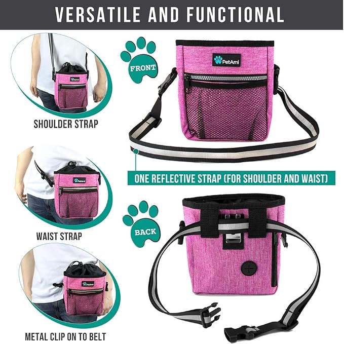 PetAmi Dog Treat Pouch, Pet Treat Pouch for Training, Dog Walking Bag Holder for Kibbles, Pet Food Toy, Dog Trainer Essentials Supplies, Poop Bag Dispenser, 3 Ways to Wear (Pink)